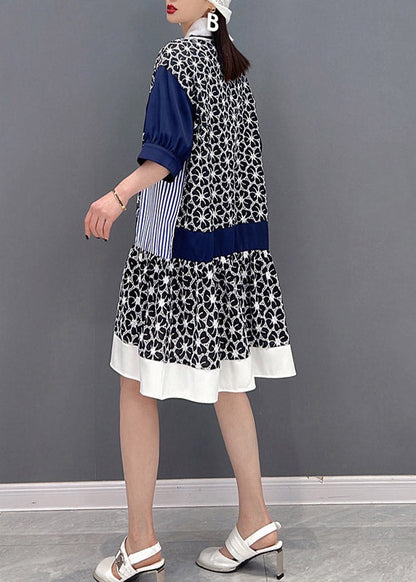 Grey Peter Pan Collar Print Patchwork Button Chiffon Dress Half Sleeve