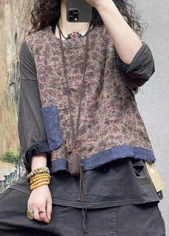 Blue O-neck Print Pockets Linen Waistcoat Sleeveless