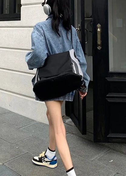 Blue Stand Collar Zip Up Pockets Denim Coat Spring