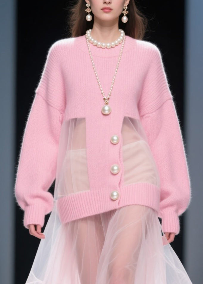 Pink O Neck Tulle Patchwork Knit Sweater Dress Fall