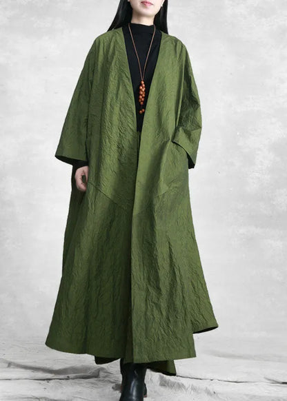 Green V Neck Pockets Trench Coats and Wide Leg Pants Two Pieces Set Spring