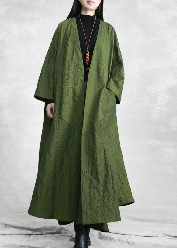Green V Neck Pockets Trench Coats and Wide Leg Pants Two Pieces Set Spring