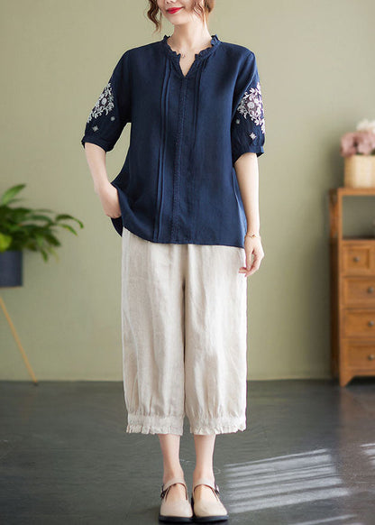 Navy Embroideried Patchwork Wrinkled Linen Shirts Summer