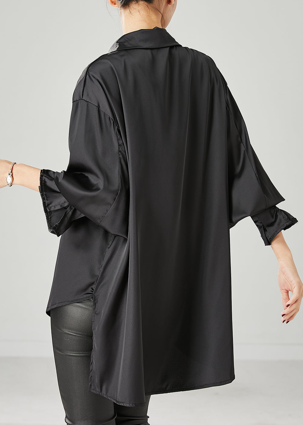 Black Oversized Draping Chiffon Blouses Spring