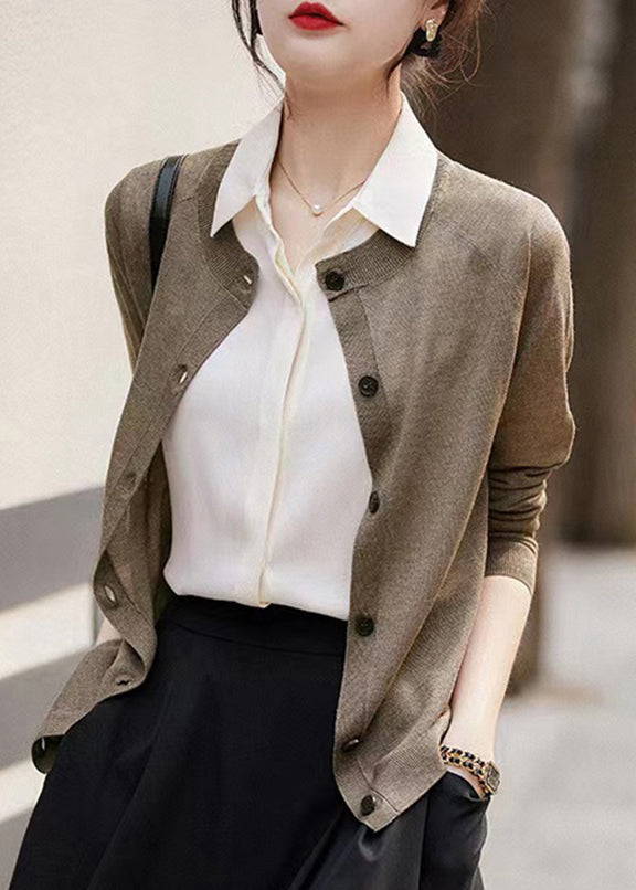 Natural Gilded Camel O-neck Button Knit Cardigan Long Sleeve