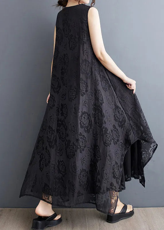 Black O-neck Asymmetrical Hollow Out Holiday Lace Maxi Dress Summer