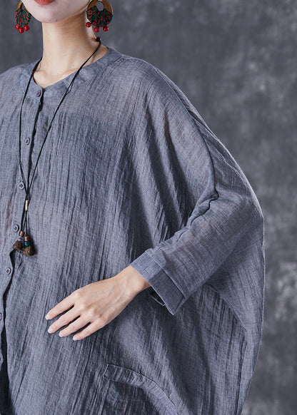 Grey Oversized Linen Blouses Batwing Sleeve