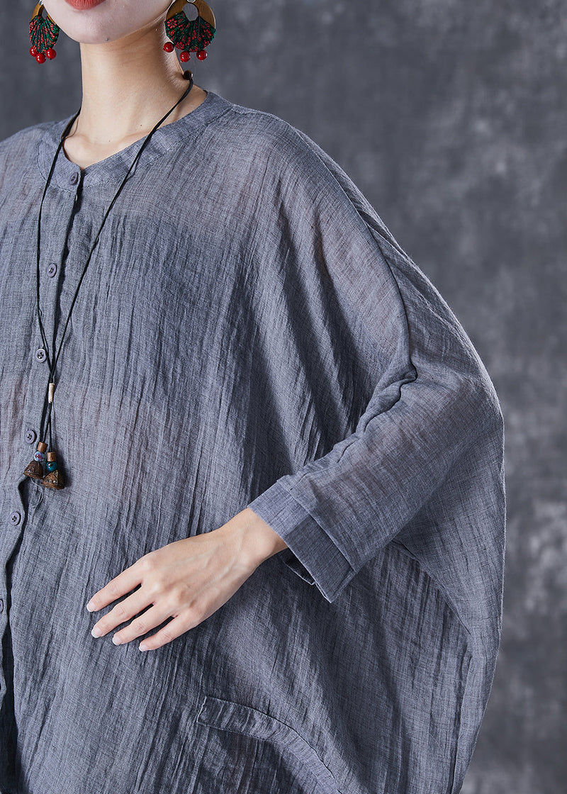 Grey Oversized Linen Blouses Batwing Sleeve