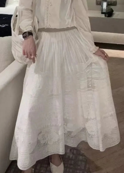 Art White Hollow Out Elastic Waist Lace Skirts Summer