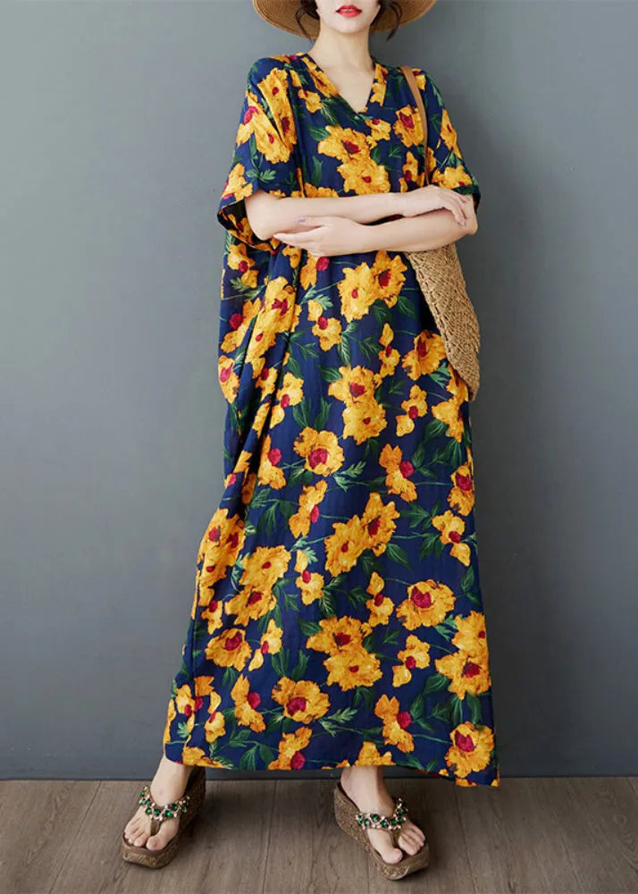 Yellow Print Cotton Long Dress Oversized Batwing Sleeve