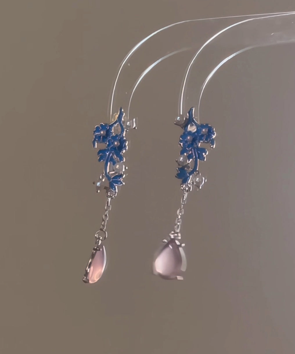 Blue Sterling Silver Pearl Cloisonne Enamel Water Drop Tassel Drop Earrings