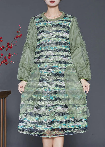 Classy Green Ruffled Patchwork Silk Dress Spring