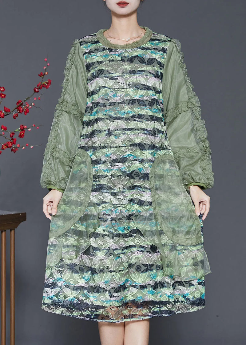 Classy Green Ruffled Patchwork Silk Dress Spring
