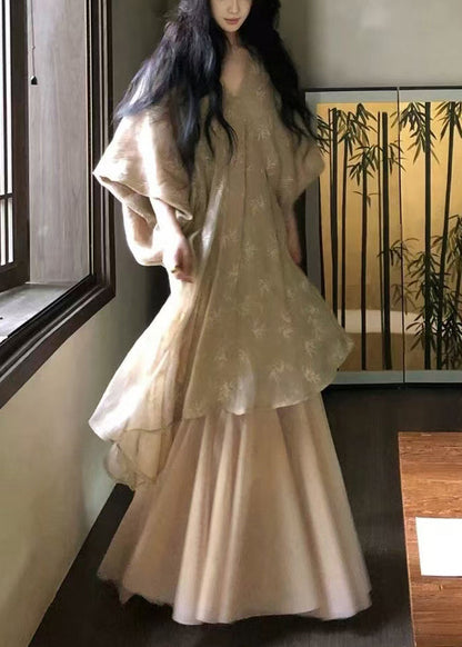 Loose V Neck Tulle Patchwork Cotton Robe Dresses Batwing Sleeve