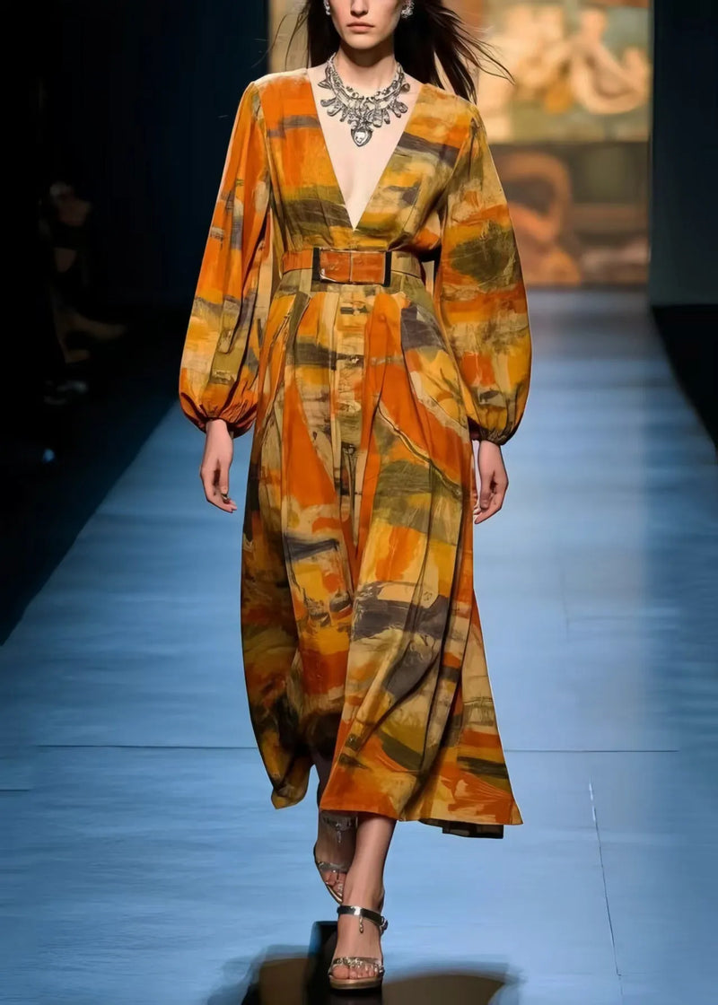 Italian Caramel V Neck Print Cotton Dress Spring
