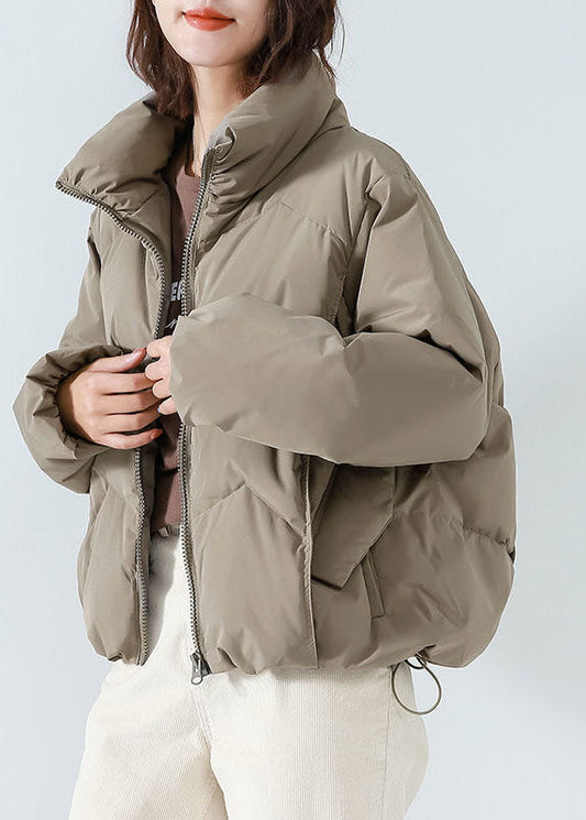 Khaki Cotton Blend Puffer Jacket Stand Collar Zip Up Drawstring Long Sleeve