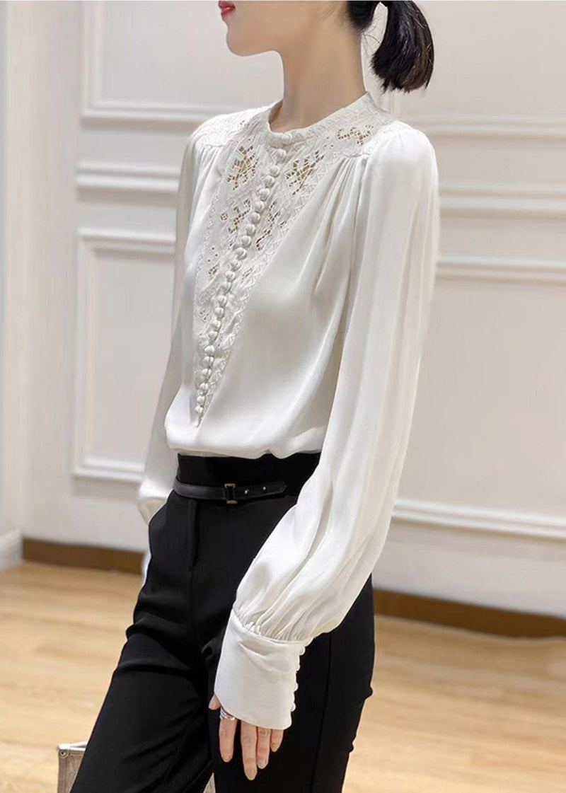 White O-neck Embroideried Silk Shirt Long Sleeve