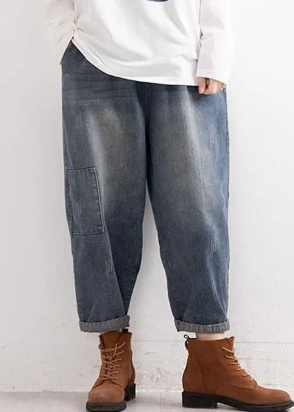Denim Blue Elastic Waist Pockets Patchwork Applique Cotton Harem Pants Fall