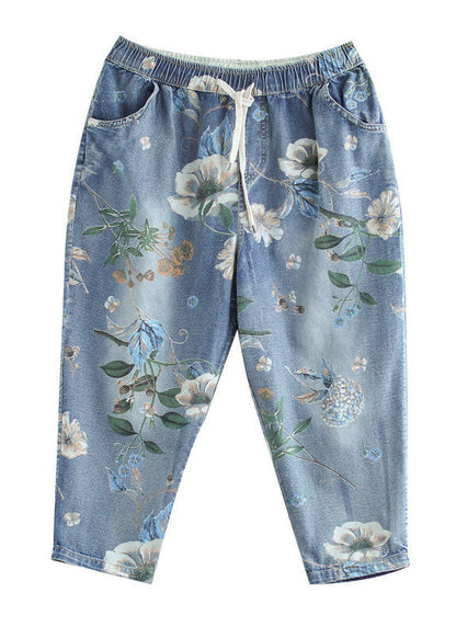 Italian Blue Elastic Waist Pockets Print Cotton Denim Crop Pants Summer