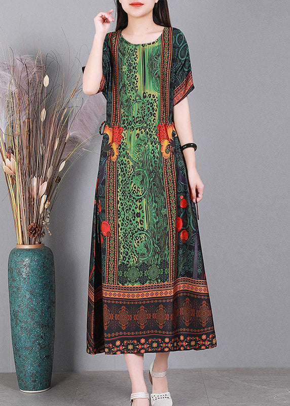 Simple Green O-neck Print Silk Long Dresses Short Sleeve