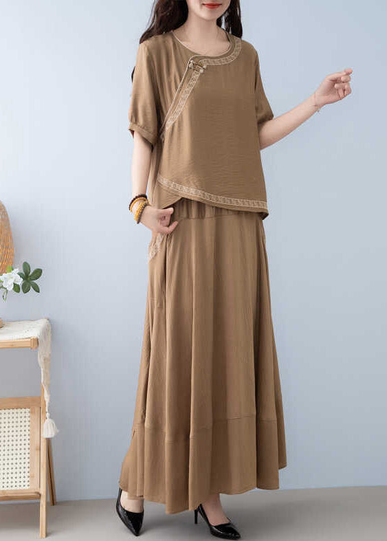 Khaki Pockets Linen Two Pieces Set O Neck Short Sleeve