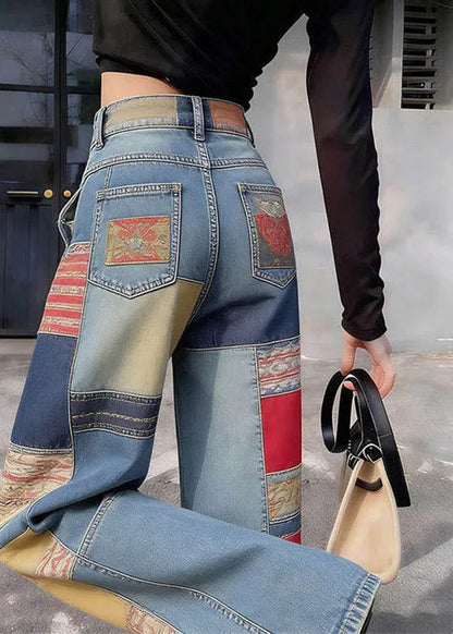Blue Pockets Patchwork High Waist Wide Leg Jeans