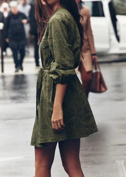 Army Green Hollow Out Tie Waist Cotton Mid Dress Bracelet Sleeve