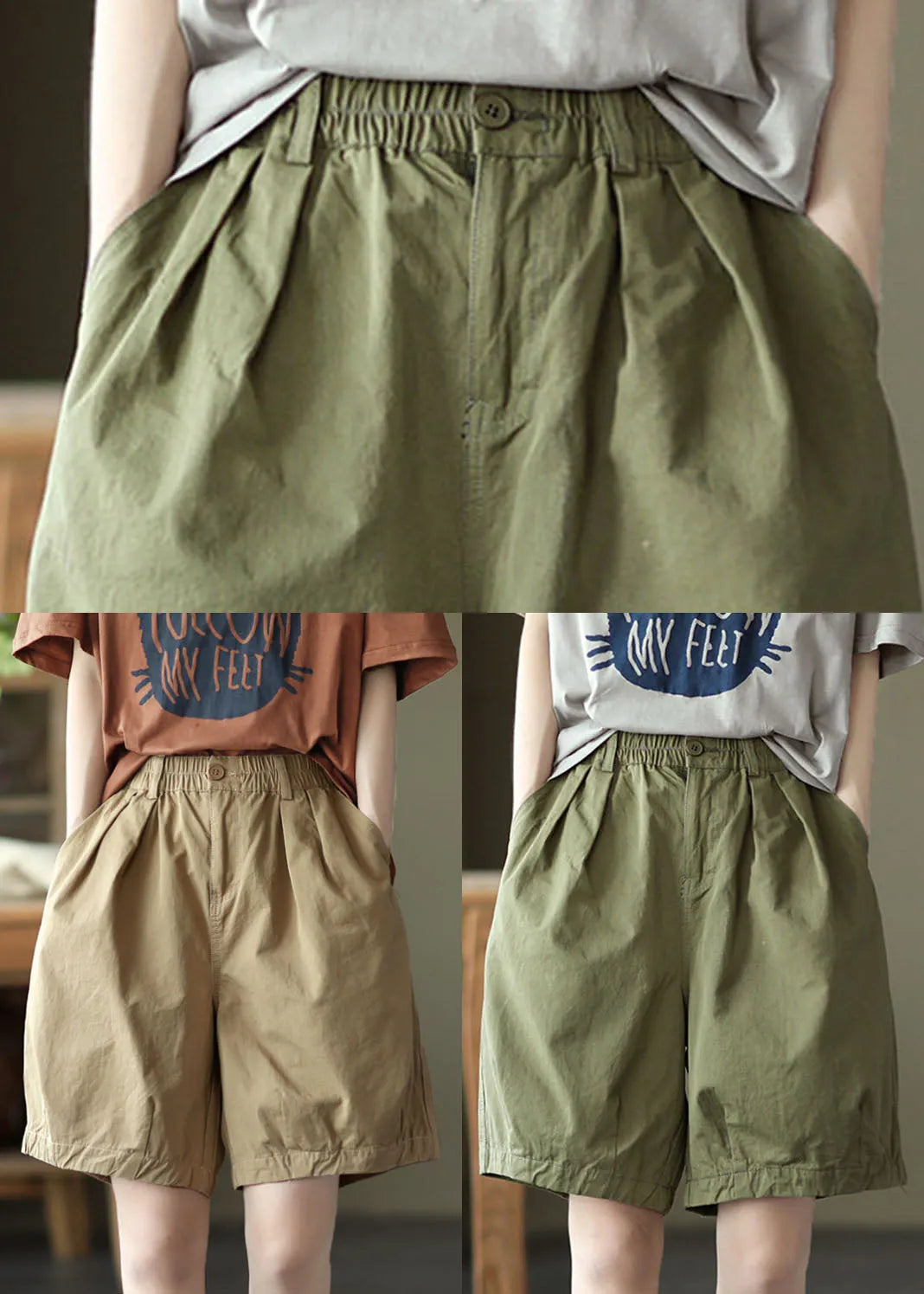 Khaki Pockets Cotton Overalls Shorts Elastic Waist Summer