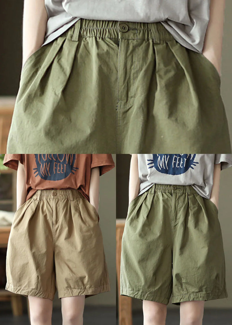 Khaki Pockets Cotton Overalls Shorts Elastic Waist Summer