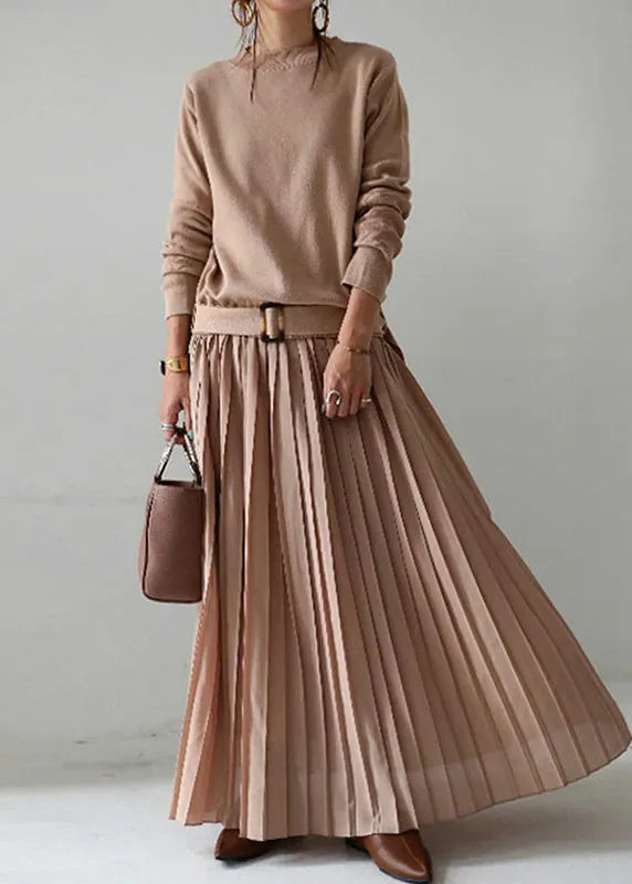 Boutique Tea Green Oversized Patchwork Knit Pleated Dress Spring