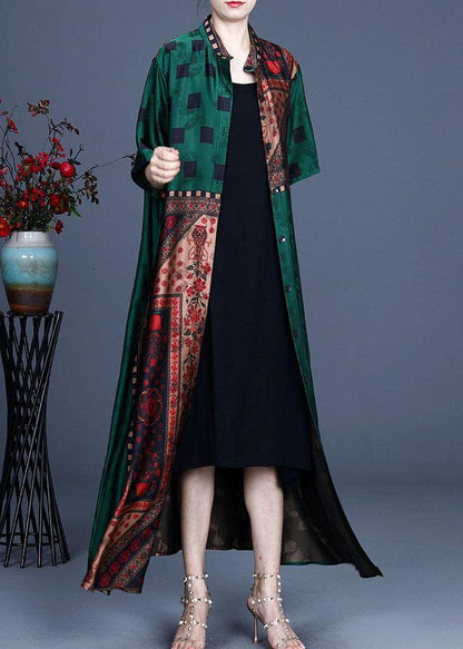 French Khaki Stand Collar Print Retro Summer Chiffon Cardigan