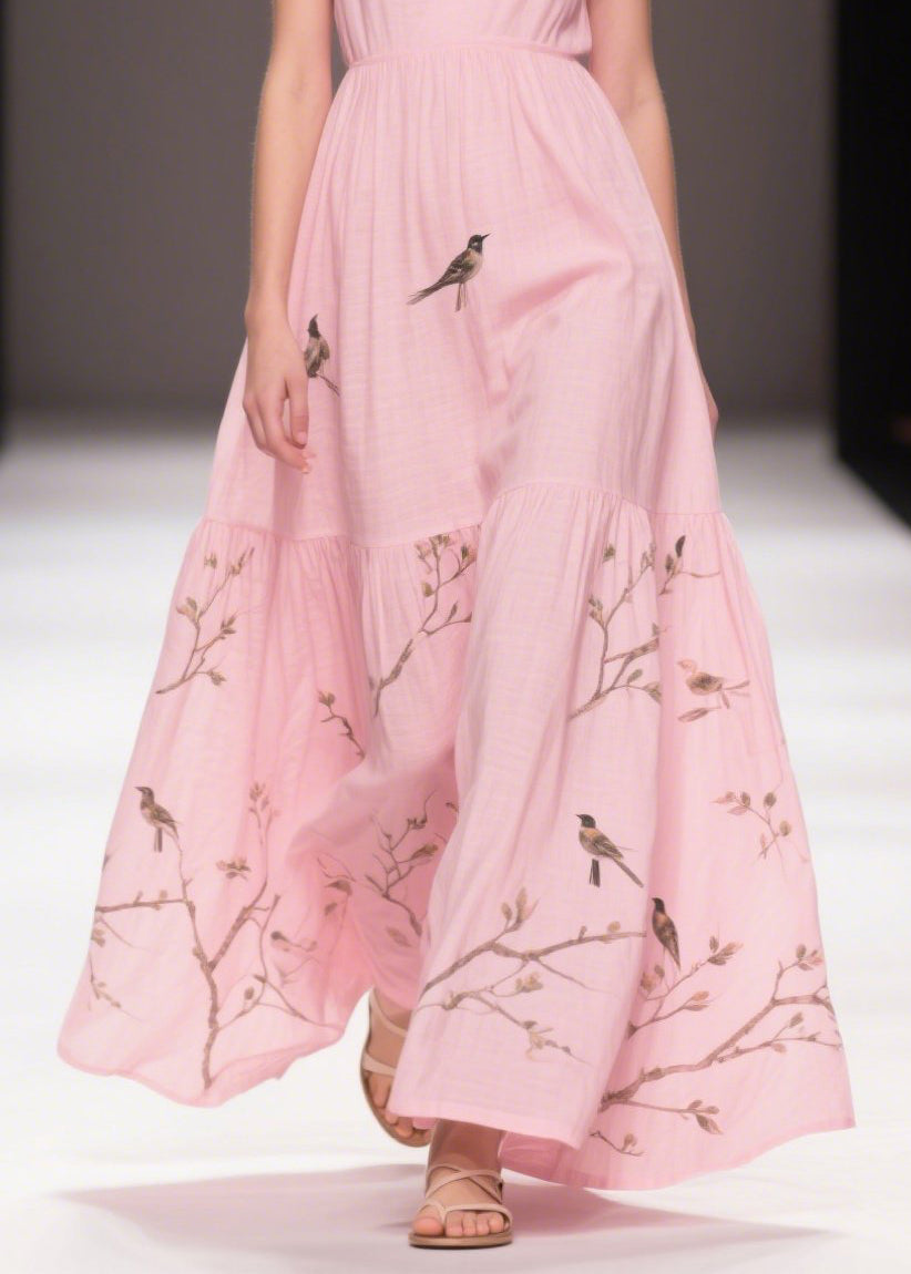 Pink Print Cotton Holiday Dress Butterfly Sleeve