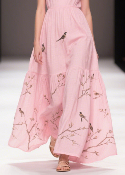Pink Print Cotton Holiday Dress Butterfly Sleeve