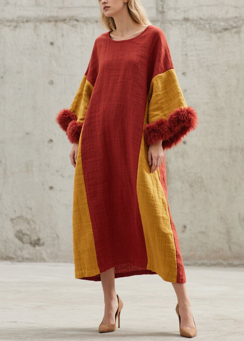 Colorblock O Neck Fuzzy Fur Patchwork Cotton Long Dresses Fall