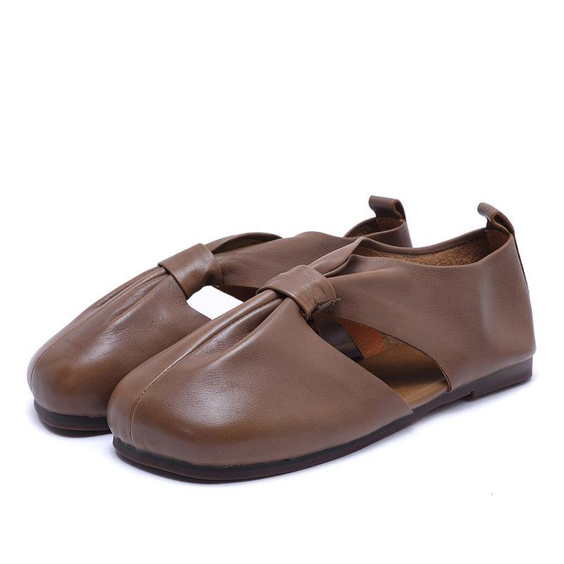 Chocolate Hollow Out Flat Feet Shoes Cowhide Leather