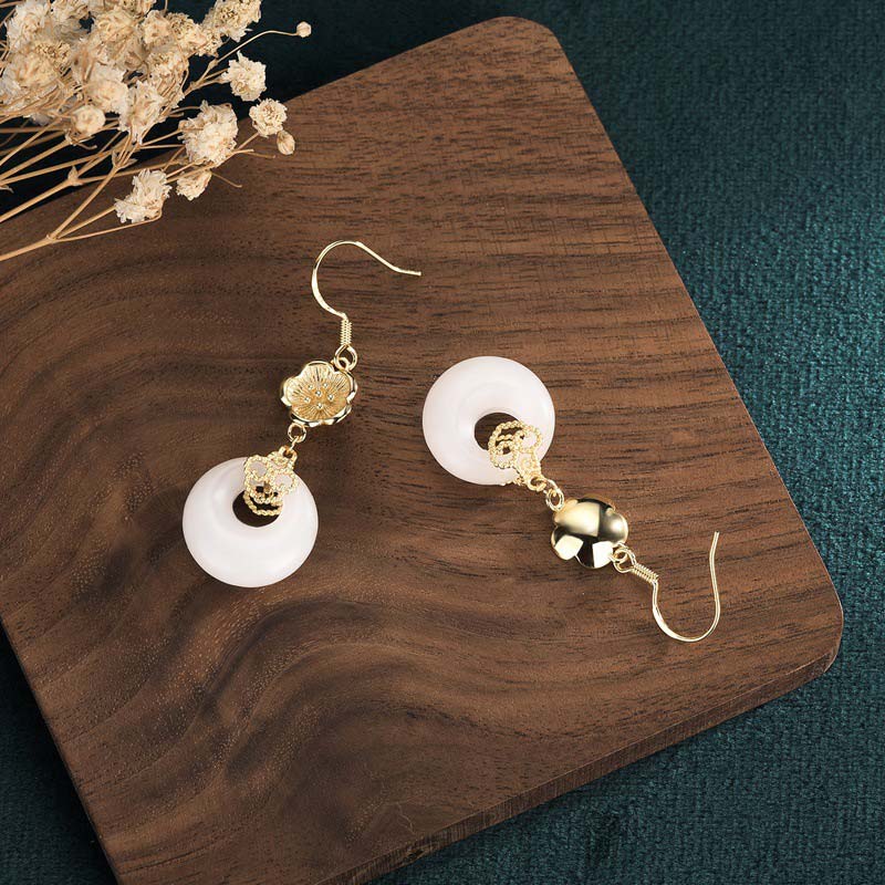 Fengshui White Jade Blessing Drop Earrings