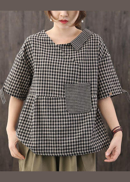 Black Asymmetrical Plaid Cotton Blouses Half Sleeve