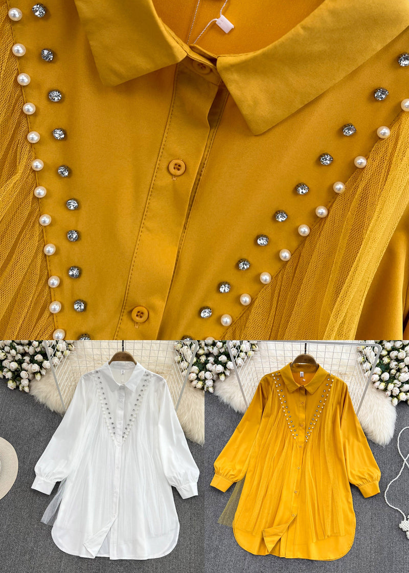 Yellow Peter Pan Collar Patchwork Button Tulle Shirts Long Sleeve