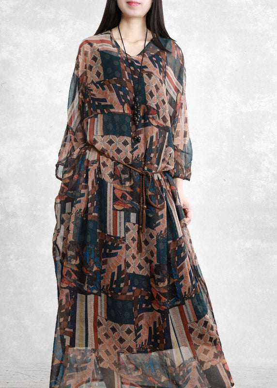 Khaki Blue V Neck Print Pockets Tie Waist Chiffon Dress Three Quarter Sleeve