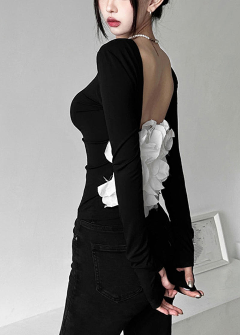 Black Patchwork Hollow Out Backless Top Fall
