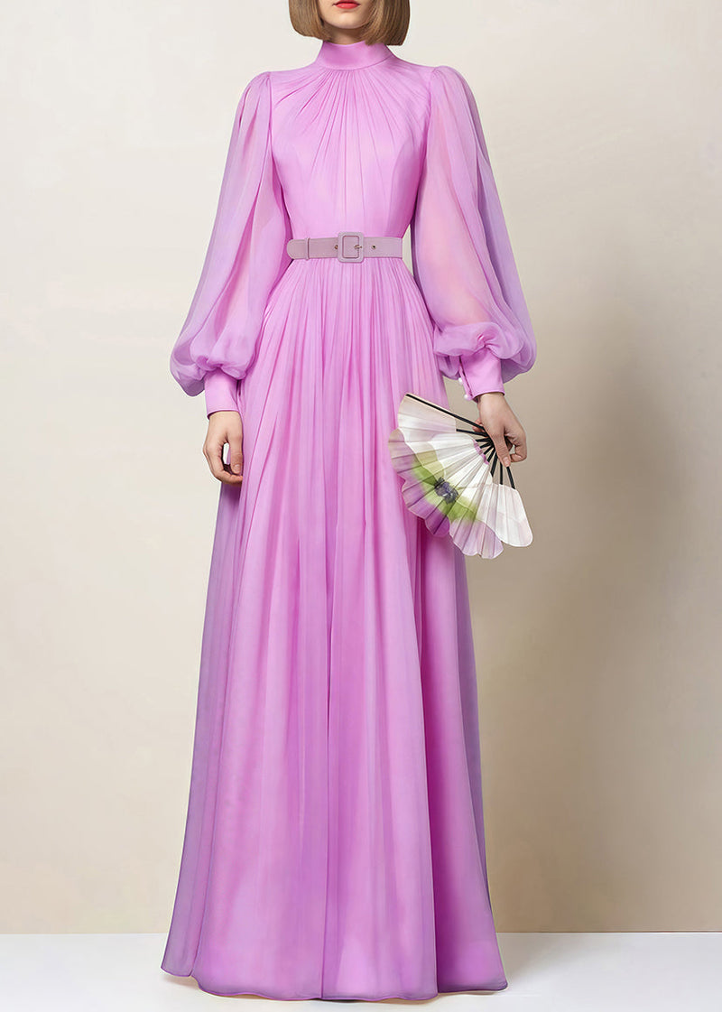 Purple Wrinkled Chiffon Dress Lantern Sleeve