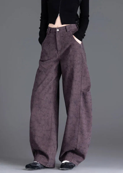 Purple Pockets Print Wrinkled Denim Pants Spring
