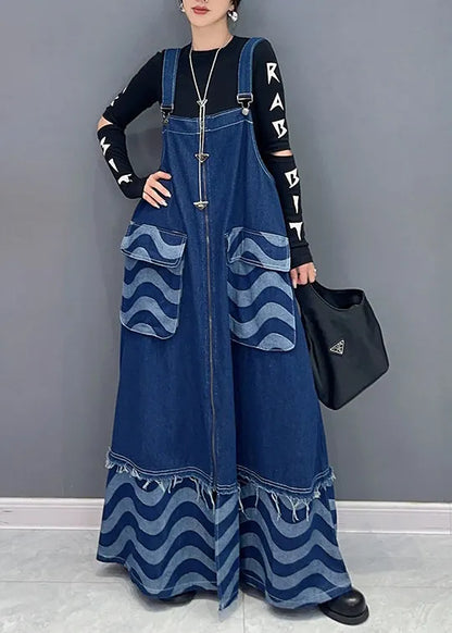 Loose Blue Pockets Patchwork Denim Spaghetti Strap Dress Dresses Fall
