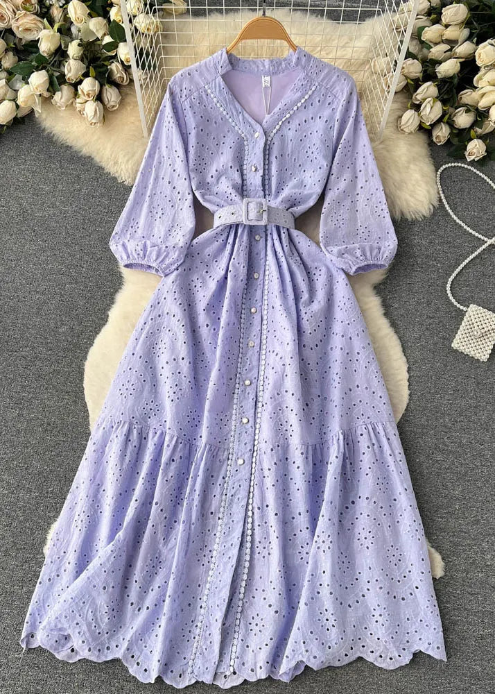 Purple Button Hollow Out Cotton Shirts Dress Long Sleeve