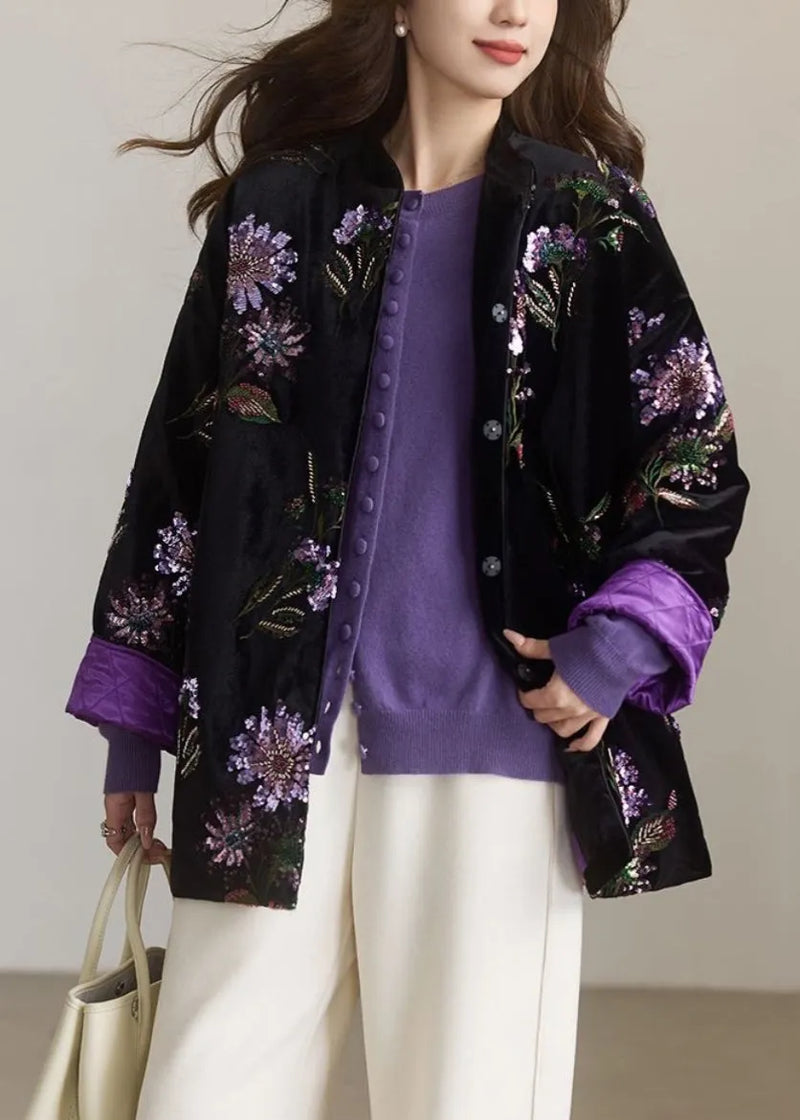 Chinese Style Black Embroidered Sequins Fine Cotton Filled Coat Spring