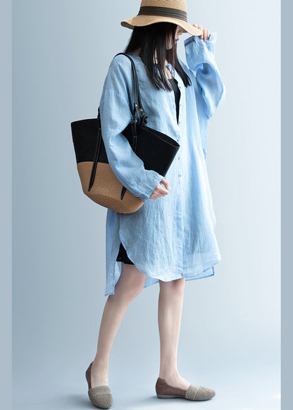 Handmade Blue Asymmetrical Linen Blouses Spring
