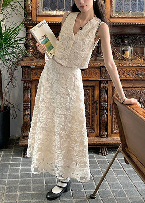 Beige V Neck High Waist Cotton Two Pieces Set Sleeveless