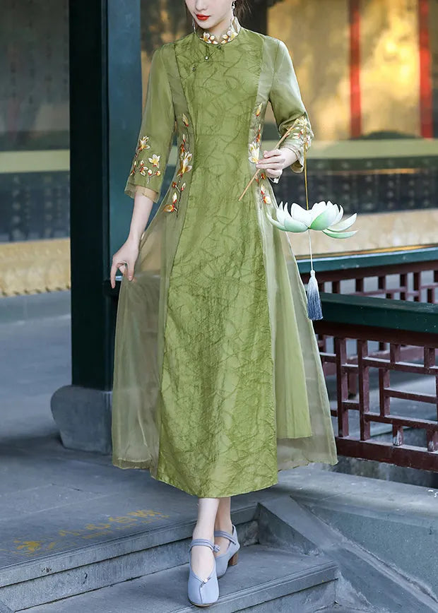 Green Stand Collar Embroideried Button Tulle Silk Dress Long Sleeve