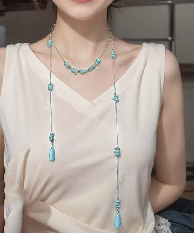 Blue Stainless Steel Turquoise Beads Sweater Pendant Necklace