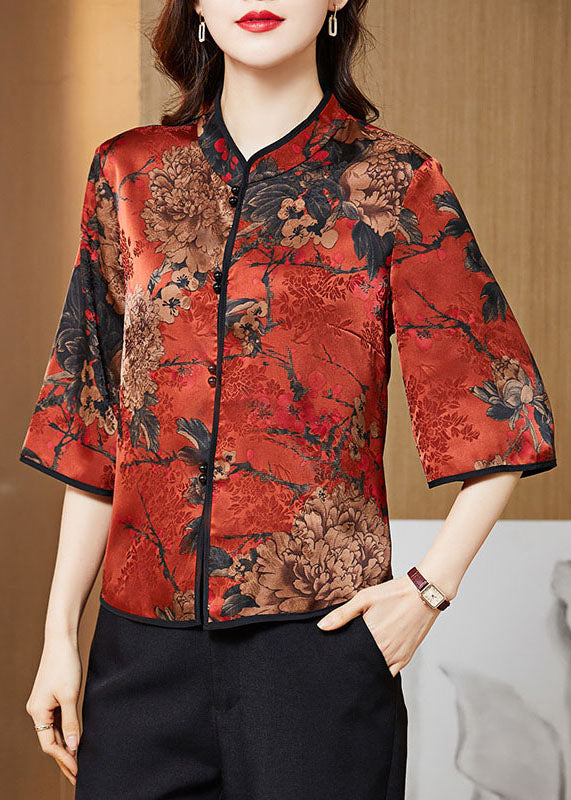 White Text Mandarin Collar Print Silk Shirt Tops Half Sleeve